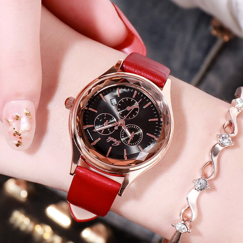 Casual women's quartz calendar wrist watch with red strap and black dial, perfect for students and fashion lovers.