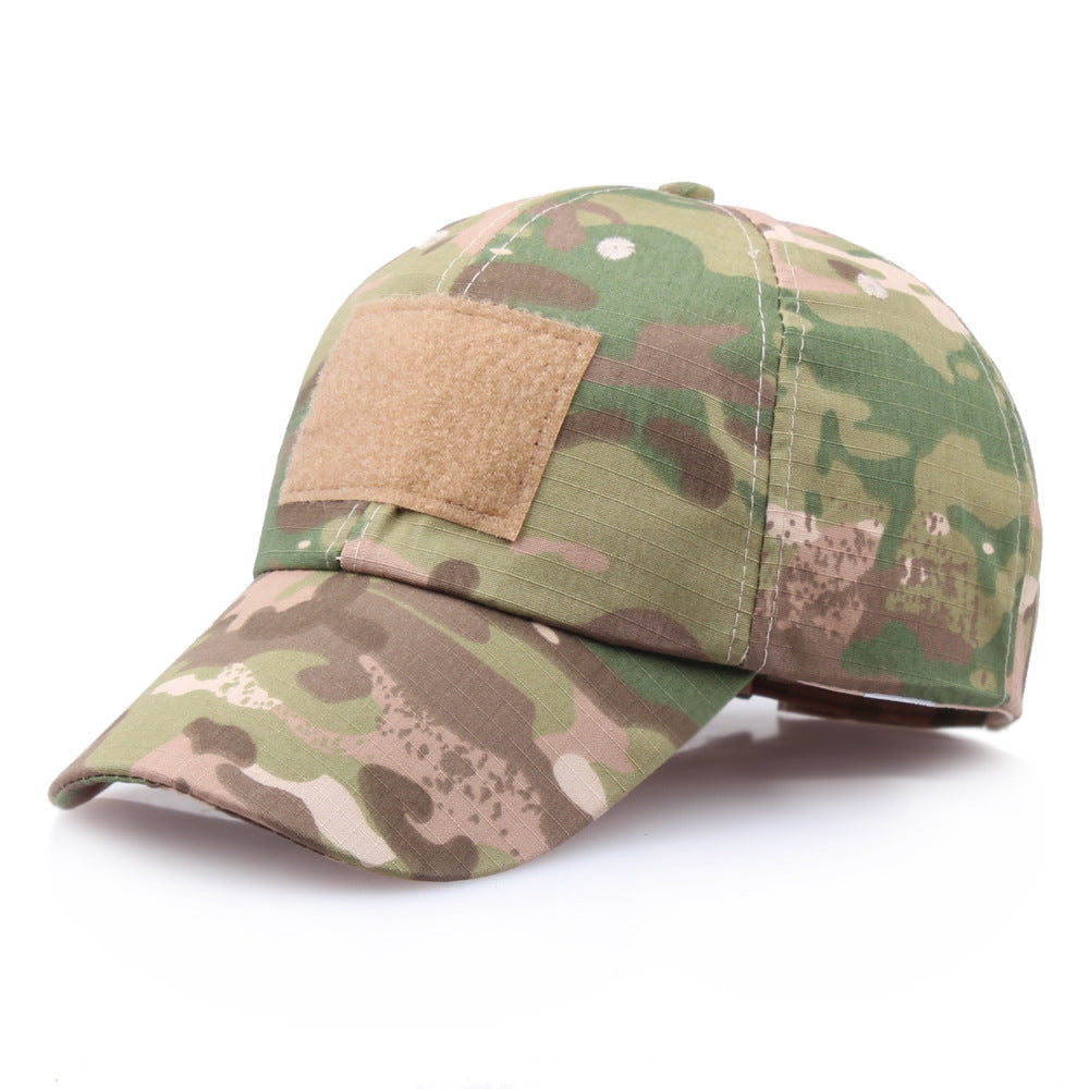 Velcro camouflage baseball cap made of polyester with twill weave and embroidery, ideal for tactical use.