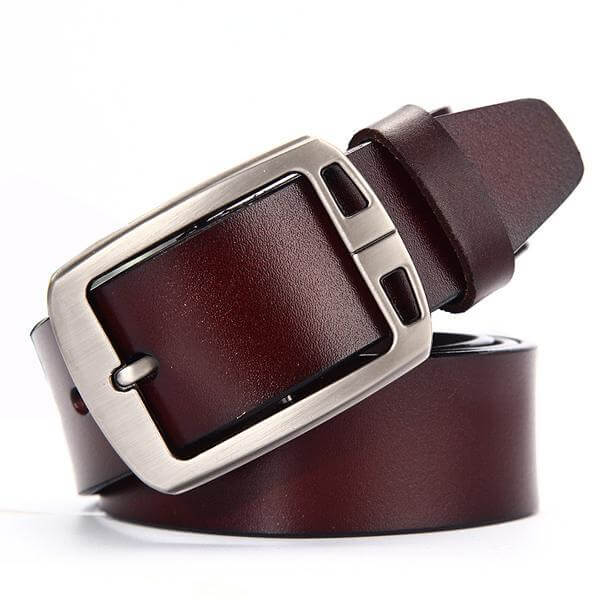 Men's genuine leather luxury belt with a stylish silver buckle, perfect for formal and casual attire.