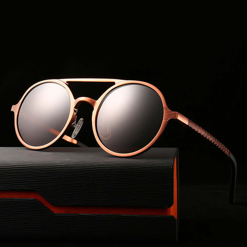 Stylish vintage sunglasses with polarized TAC lenses, aluminum-magnesium frame, and UV400 protection.