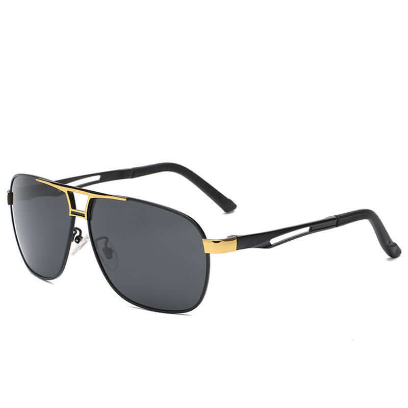 Vintage sunglasses with a metal frame, black and gold accents, UV400 protection, and 99.9% visible light perspective.