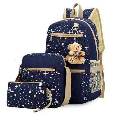 Stylish Korean school bags for girls featuring star pattern, soft handles, and teddy bear ornament in blue color.