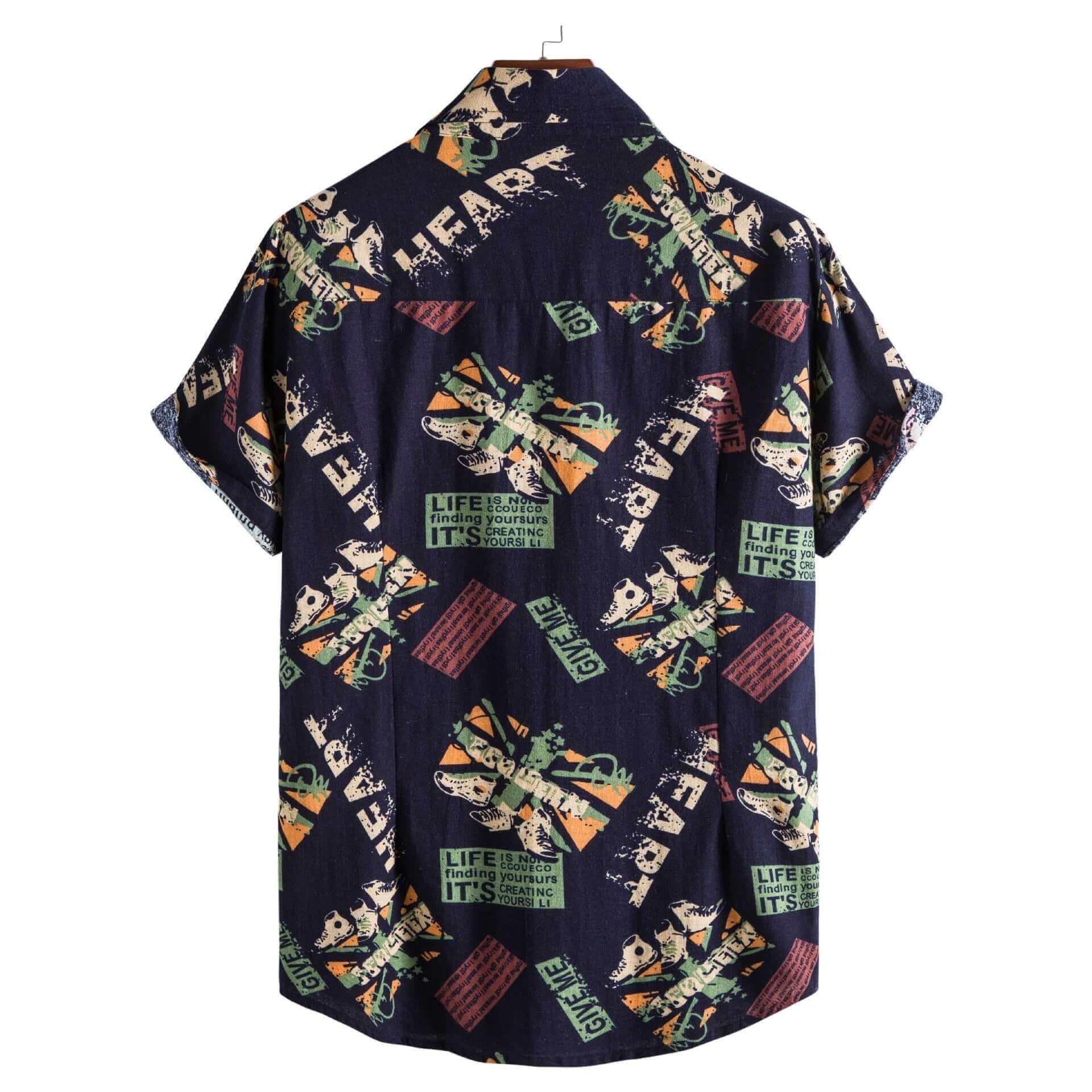 Men's vintage letter print short sleeve shirt, casual summer wear with vibrant colors and loose fit, ideal for streetwear.