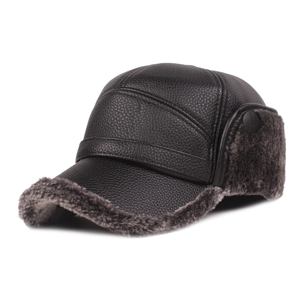 Stylish men's leather cap in black with fur lining, perfect for European and American fashion.