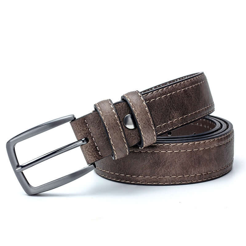 Men's vintage belt in dark brown with alloy buckle, perfect for jeans and casual wear, made of imitation leather.