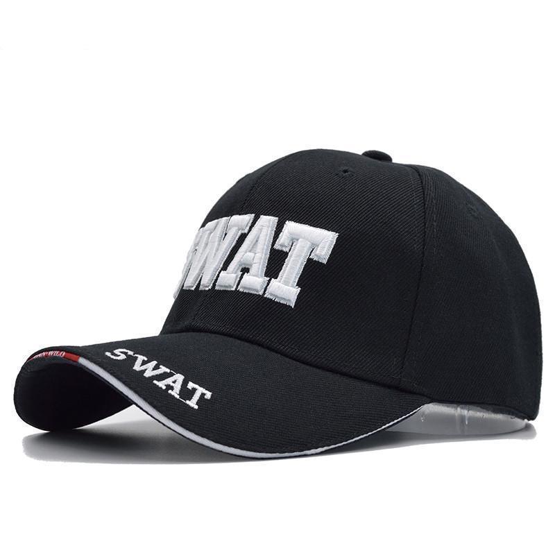 Black SWAT baseball cap with adjustable strap and embroidered logo, suitable for casual unisex wear.