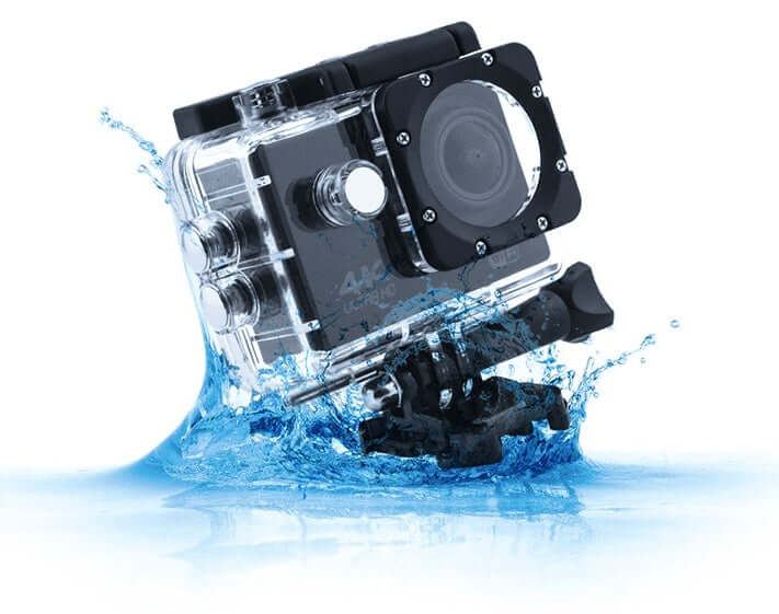 A7 mini digital sports camera in waterproof case splashing in water, ideal for underwater photography and action sports.