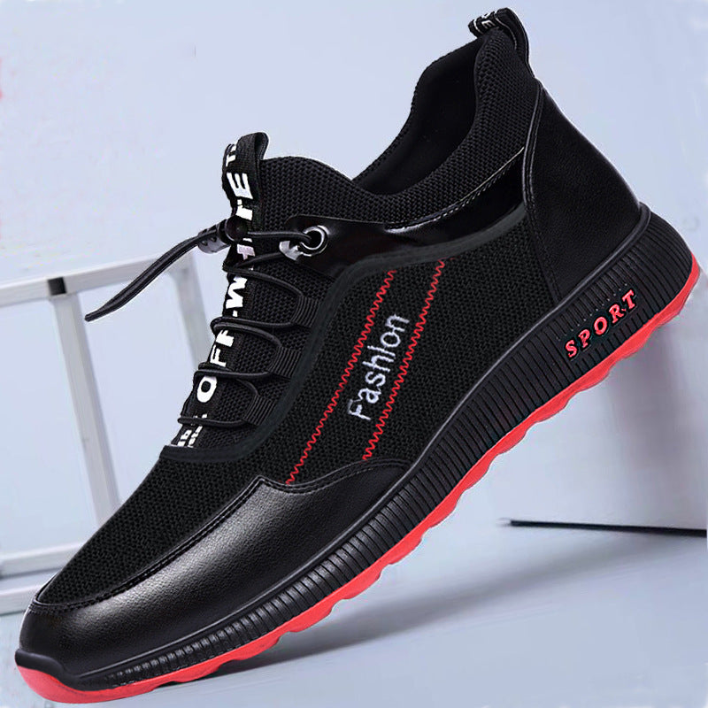 Stylish black sports shoes with red accents, breathable mesh, flat sole, and adjustable laces for casual wear.