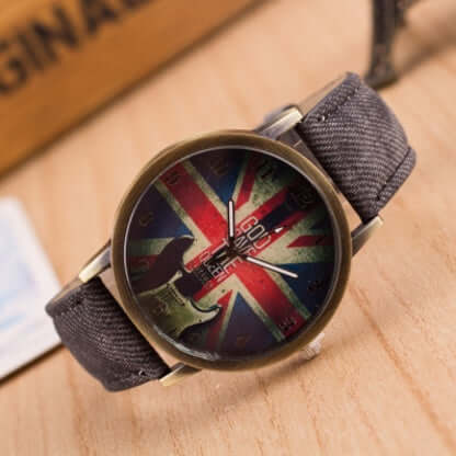 Vintage UK flag wrist watch with denim strap and quartz movement, ideal for British style enthusiasts.