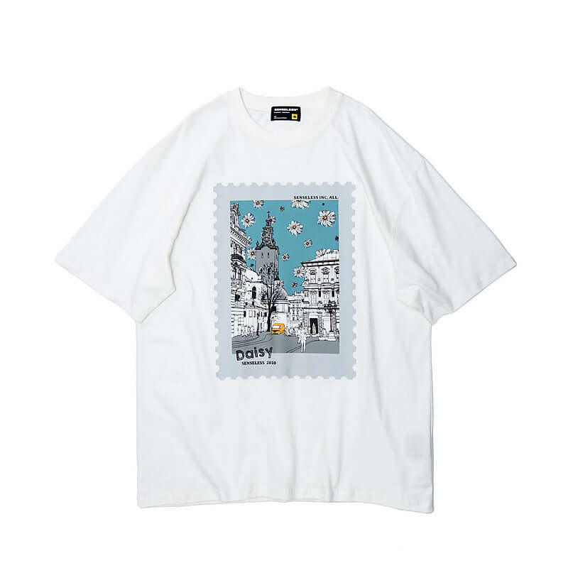 Vintage Daisy Timbre Impression T-shirt in white with artistic print, perfect for hip hop streetwear.