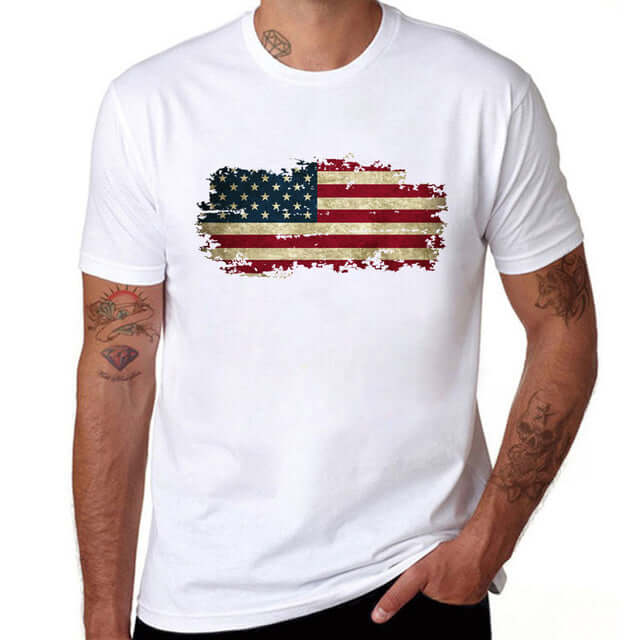 White short sleeve men's t-shirt featuring a distressed American flag graphic design.