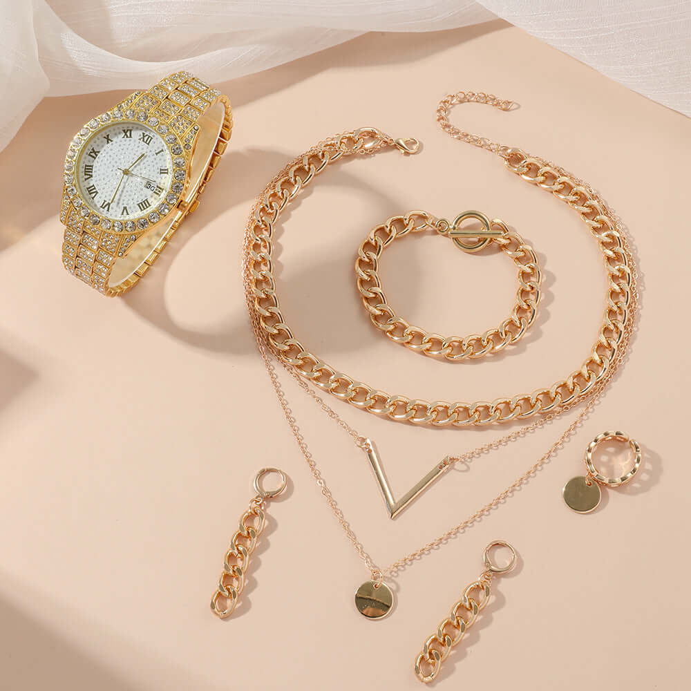 Stylish women's Quartz watch and gold jewelry set including necklace, bracelet, earrings, and ring, perfect gift.