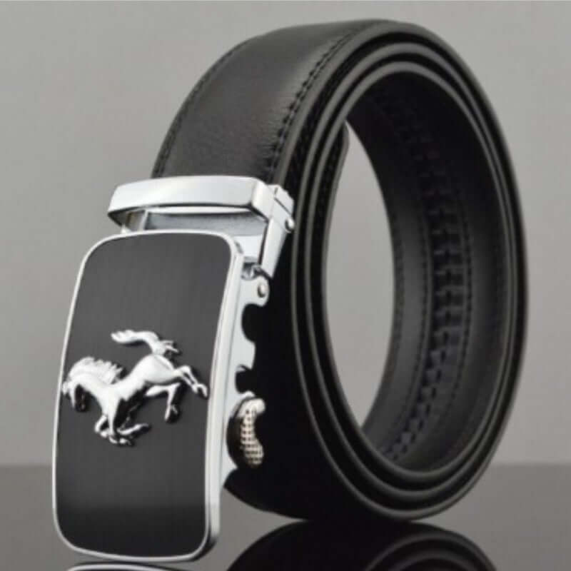 Men's automatic buckle leather belt in black with horse emblem, made from first layer cowhide, adjustable and stylish.