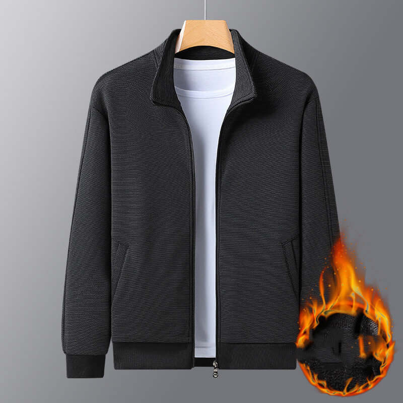 Dad's athletic jacket with stand-up collar, casual fit, zip front, black, perfect for stylish everyday wear.